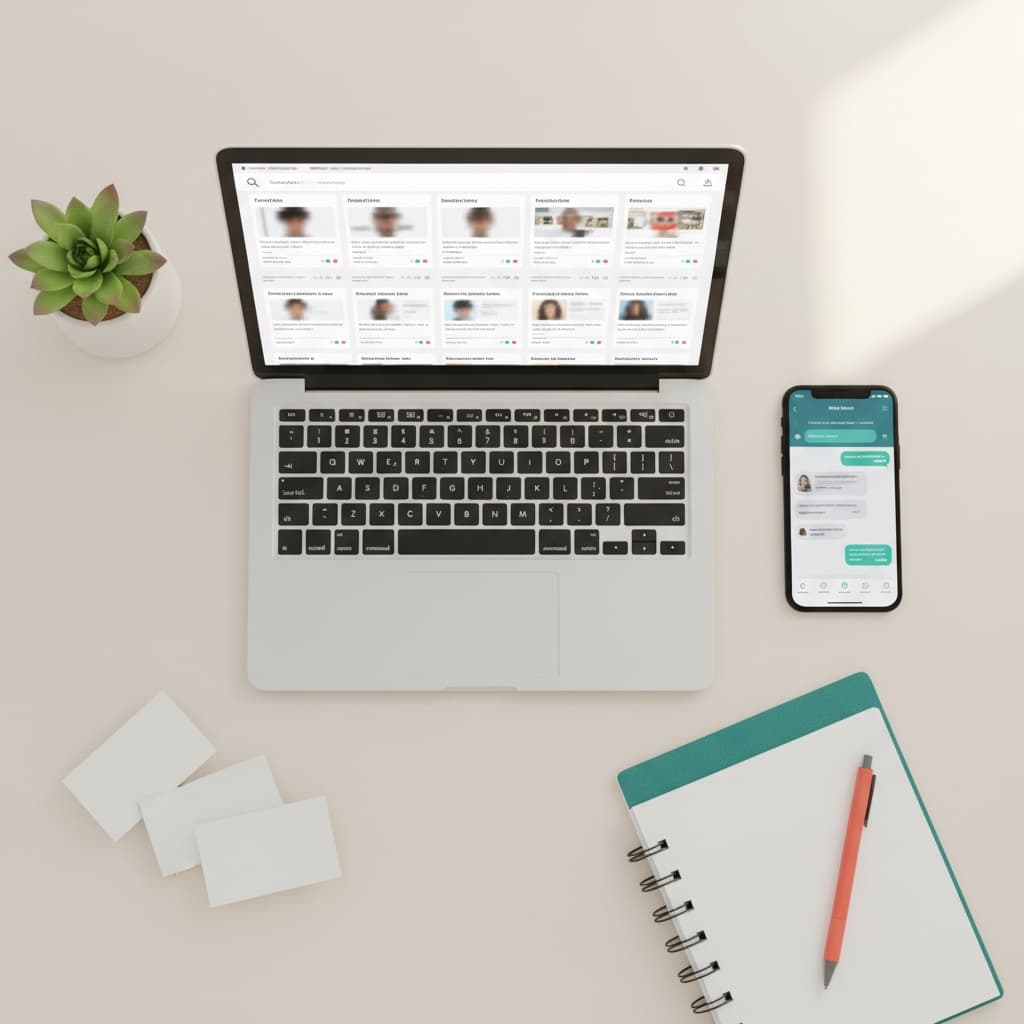 Schreibtisch mit Laptop, auf dem Active-Sourcing-Kandidatenprofile angezeigt werden