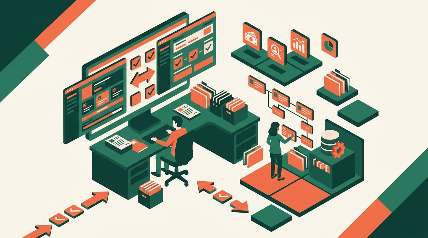 HR-Fachkraft vergleicht vier verschiedene ATS-Lösungen auf einem Bildschirm in isometrischer Darstellung