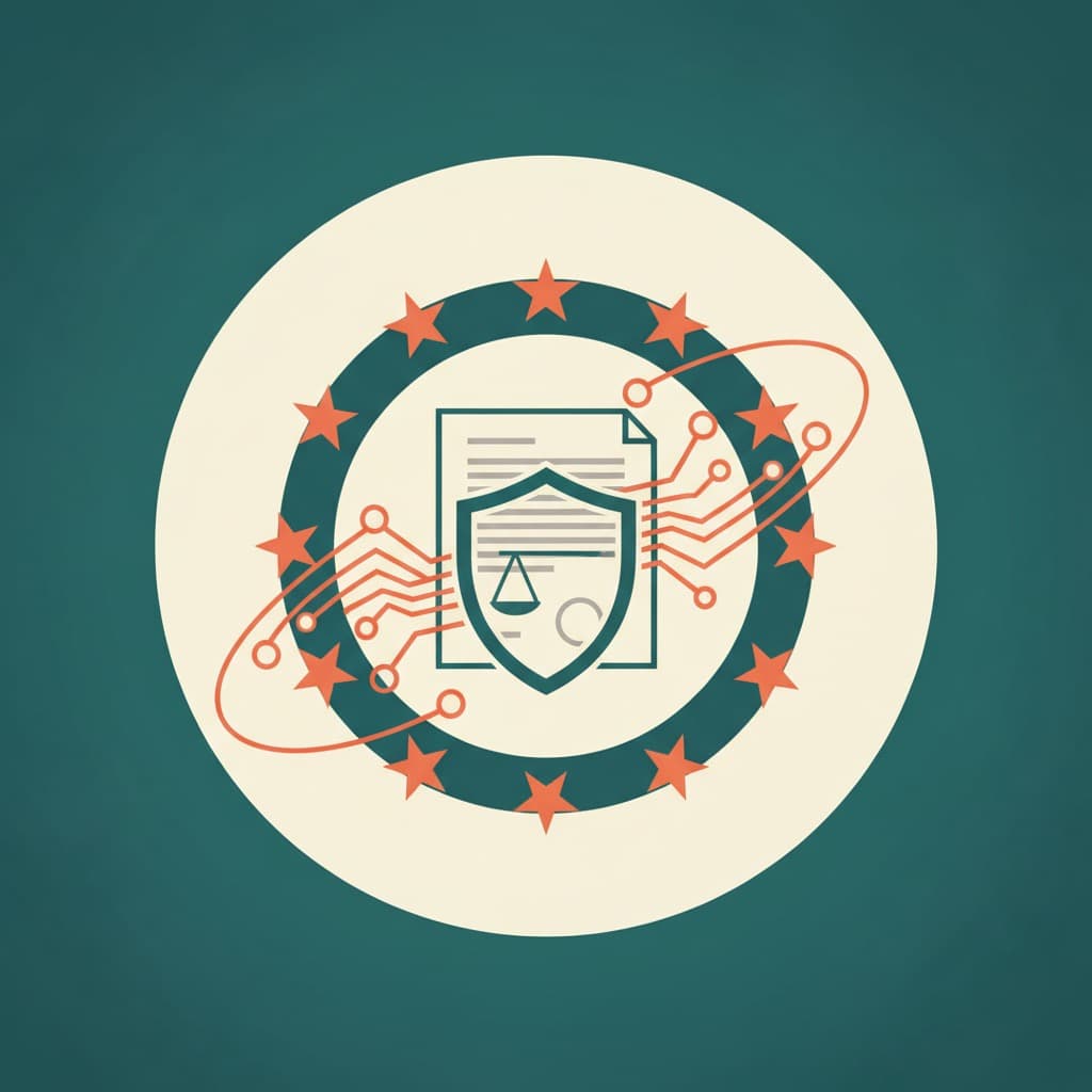 EU-Flagge neben einem Paragraphen-Symbol und einem KI-Chip als Illustration der Regulierung