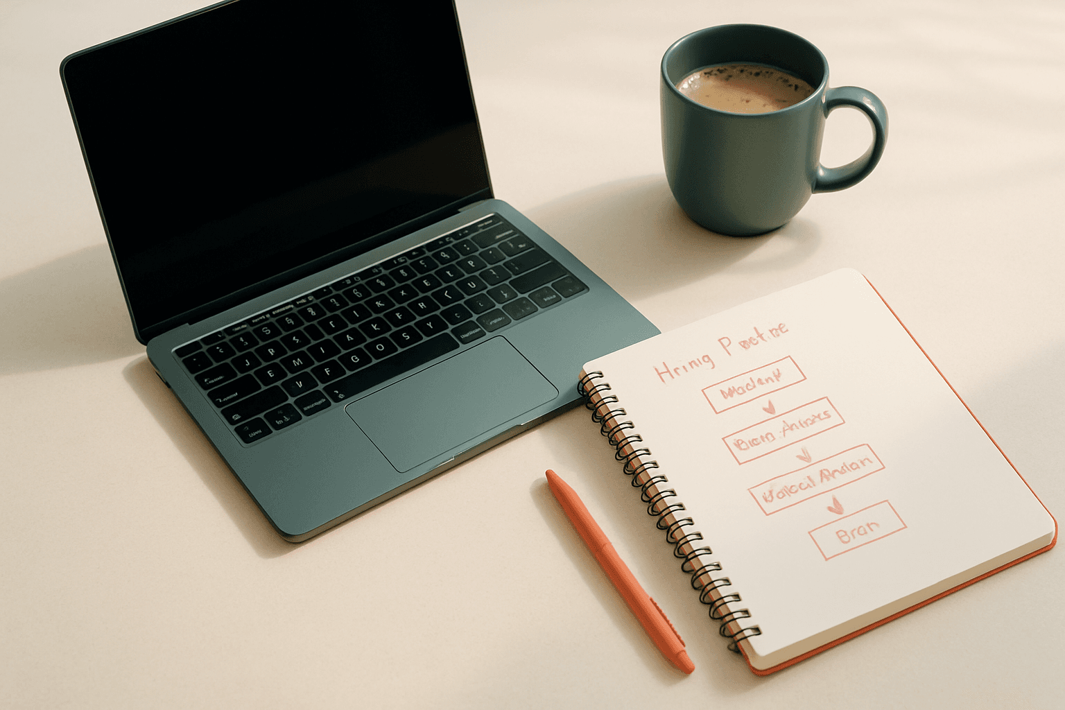 Editoriale Szene mit Laptop, Bewerberprofilen und strukturierter Auswahl auf einem ruhigen Schreibtisch