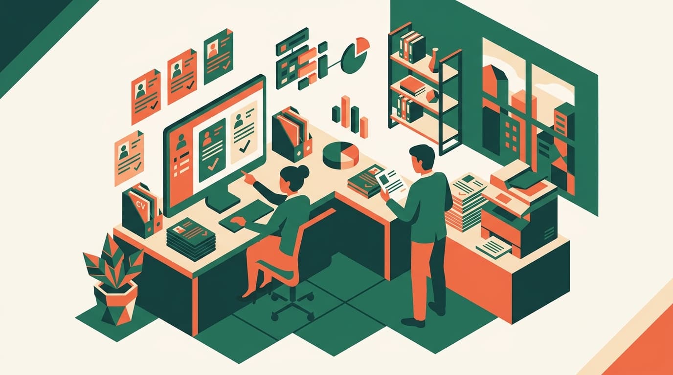 Isometrische Illustration eines modernen österreichischen HR-Büros mit KI-gestütztem Bewerbungsscreening