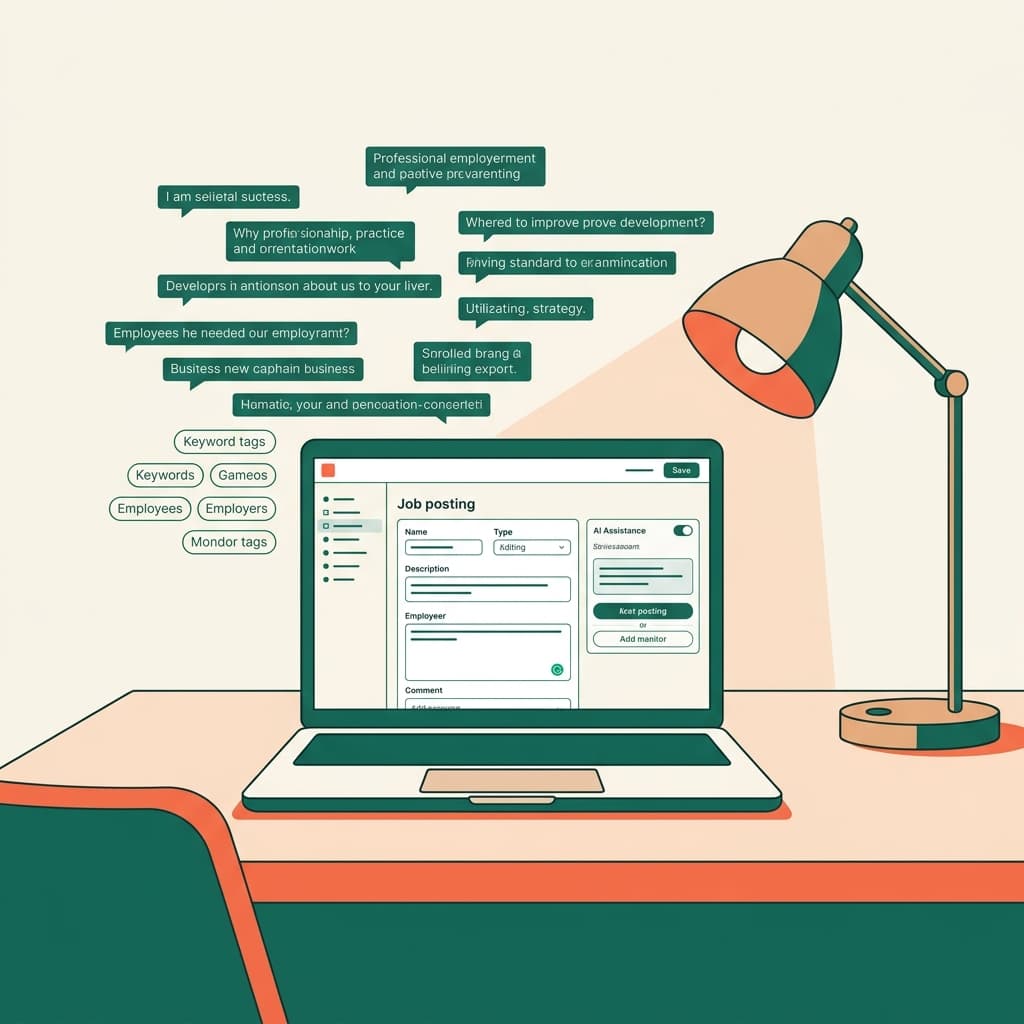 Schreibtisch mit Laptop, Stellenanzeige-Entwurf und KI-Assistent-Interface